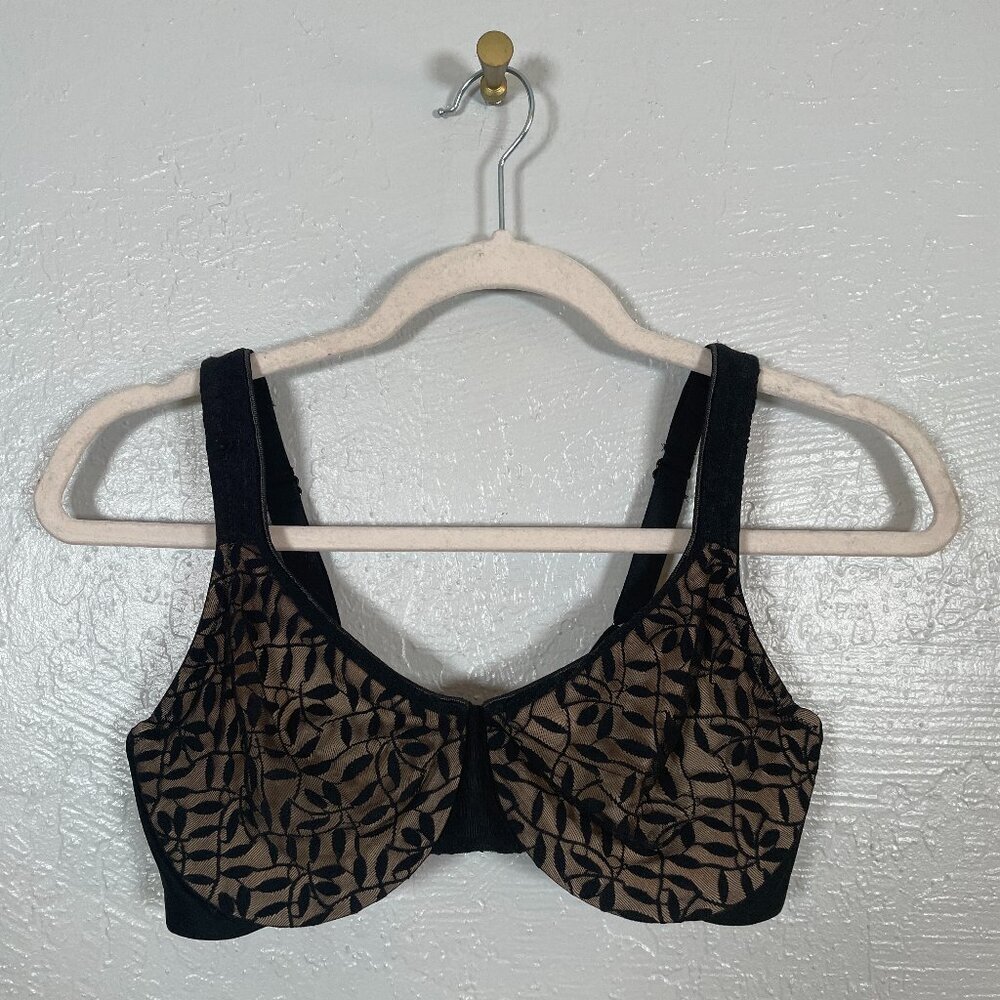 Olga Women 36C Black Beige Sheer Leaves Minimizer Bra Underwire Unlined
